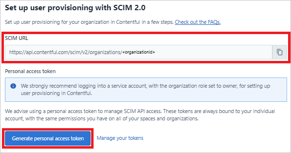 Zrzut ekranu przedstawiający adres URL SCIM w celu wygenerowania osobistego tokenu dostępu.
