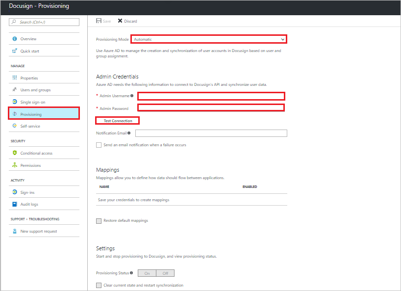 Zrzut ekranu przedstawiający kartę Aprowizacja dla aplikacji DocuSign w witrynie Azure Portal. Tryb aprowizacji jest ustawiony na wartość Automatyczne, a nazwa użytkownika administratora, hasło i testowe połączenie są wyróżnione.