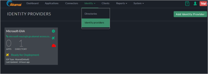 Zrzut ekranu przedstawiający okno Dostawcy tożsamości konsoli EAA usługi Akamai. Wybierz pozycję Dostawcy tożsamości w menu Tożsamość i wybierz pozycję Dodaj dostawcę tożsamości.