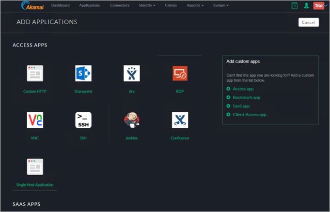 Zrzut ekranu przedstawiający kreatora dodawania aplikacji konsoli Akamai EAA z wyświetloną pozycją SSH w sekcji Aplikacje programu Access.