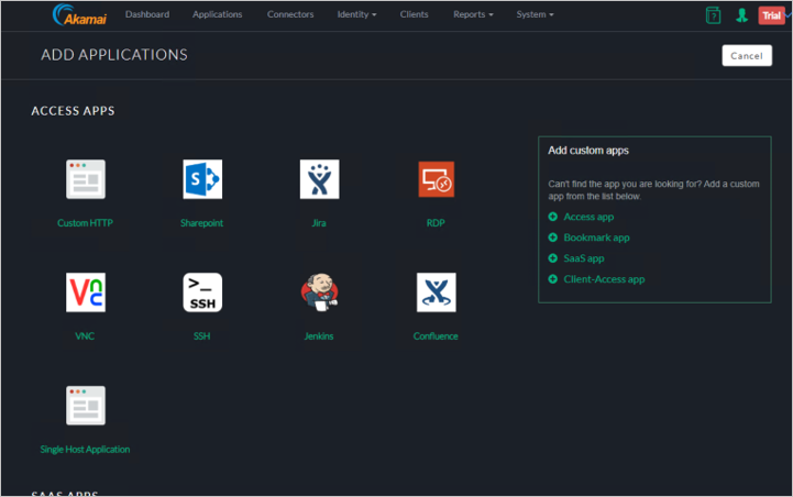 Zrzut ekranu przedstawiający kreatora dodawania aplikacji konsoli Akamai EAA z wyświetloną pozycją CustomHTTP wymienioną w sekcji Aplikacje programu Access.