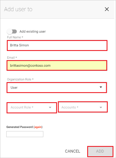 Zrzut ekranu przedstawia sekcję Dodawanie użytkownika, w której można wprowadzić opisane wartości.
