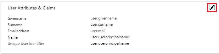 Zrzut ekranu przedstawia sekcję Atrybuty użytkownika i oświadczenia, w której można wybrać ikonę edycji.