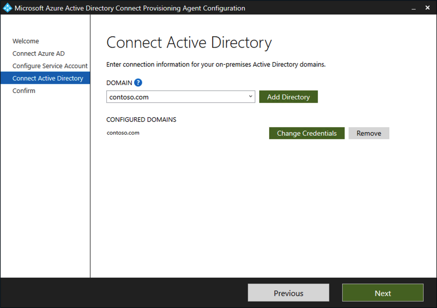 Zrzut ekranu przedstawiający ekran Połączenie Active Directory.