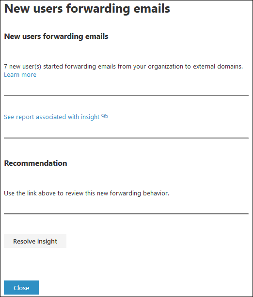 Details flyout that appears after clicking View details in the New domains being forwarded email insight.