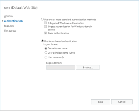 The Authentication tab in the properties of the Outlook on the web virtual directory in the EAC.