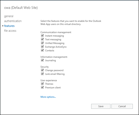 The Features tab in the properties of the Outlook on the web virtual directory in the EAC.