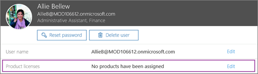 Zrzut ekranu przedstawiający informacje o użytkowniku. Obszar Licencje produktu pokazuje, że dla użytkownika nie przypisano żadnych produktów, a opcja edycji jest dostępna.