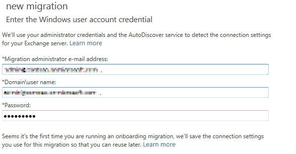 Zrzut ekranu przedstawiający stronę wprowadź poświadczenia konta użytkownika systemu Windows na potrzeby migracji jednorazowej.