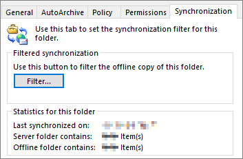 Zrzut ekranu przedstawiający statystykę dla tego folderu w karcie Synchronization (Synchronizacja).