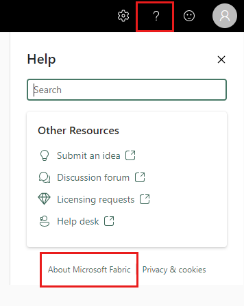 Zrzut ekranu przedstawiający sposób uzyskiwania informacji o usłudze Microsoft Fabric w okienku pomocy.