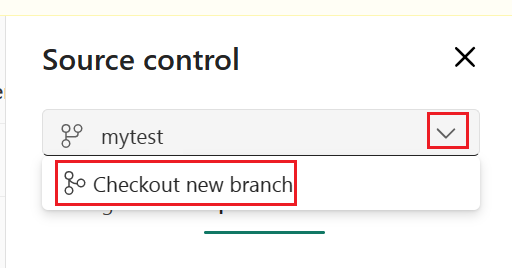 Screenshot showing how to check out a new branch from the source control pane by selecting the down arrow.