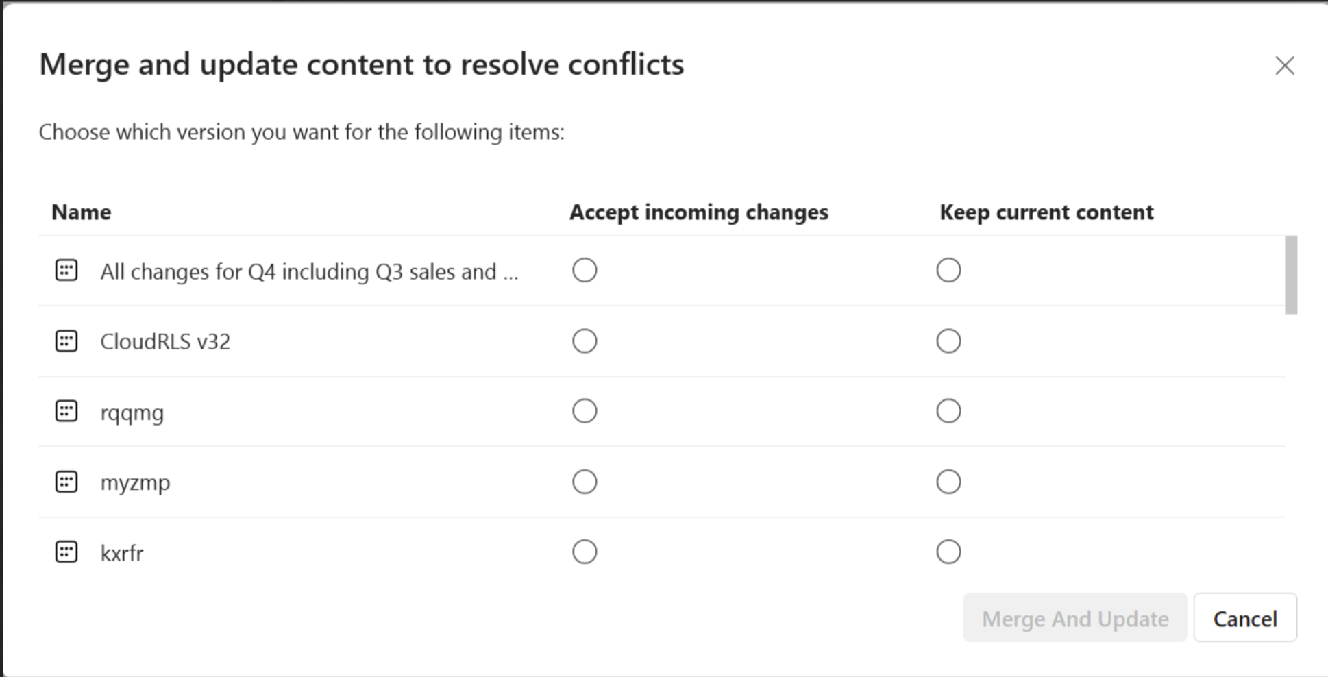 Zrzut ekranu przedstawiający interfejs użytkownika, aby wybrać wersję elementu powodującego konflikt.