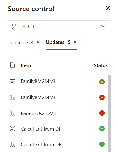 Screenshot of the source control panel showing the status of the changed items.