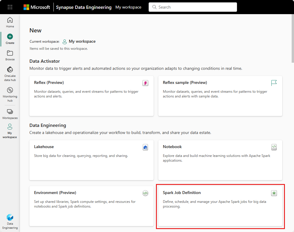 Zrzut ekranu przedstawiający, gdzie wybrać definicję zadania platformy Spark w centrum Tworzenia.