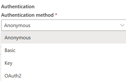 Screenshot showing the authentication methods for OData.