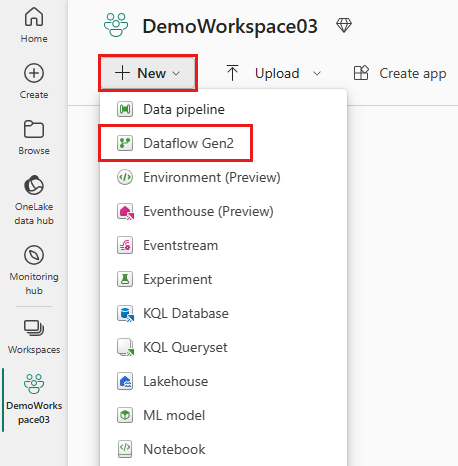 Zrzut ekranu przedstawiający demonstracyjny obszar roboczy z wyróżnioną nową opcją Dataflow Gen2.
