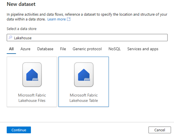 Zrzut ekranu przedstawiający okno dialogowe Nowy zestaw danych z wybranym typem zestawu danych microsoft Fabric Lakehouse Table.