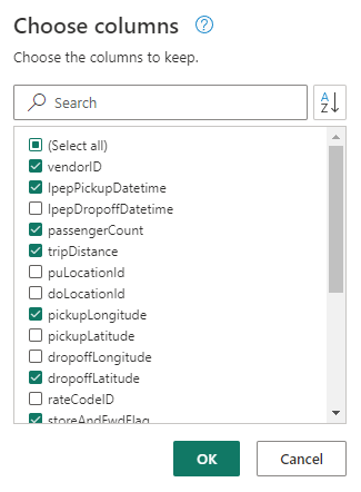 Zrzut ekranu przedstawiający okno dialogowe Wybieranie kolumn z odznaczonymi kolumnami.