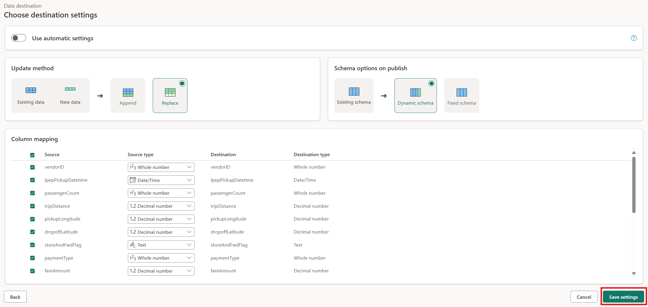Zrzut ekranu przedstawiający okno dialogowe Wybieranie ustawień docelowych z wyróżnionym przyciskiem Zapisz ustawienia.