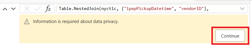 Zrzut ekranu przedstawiający ostrzeżenie dotyczące łączenia danych z wielu źródeł danych z wyróżnionym przyciskiem Kontynuuj.