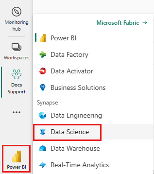 Screenshot of the experience switcher menu, showing where to select Data Science.