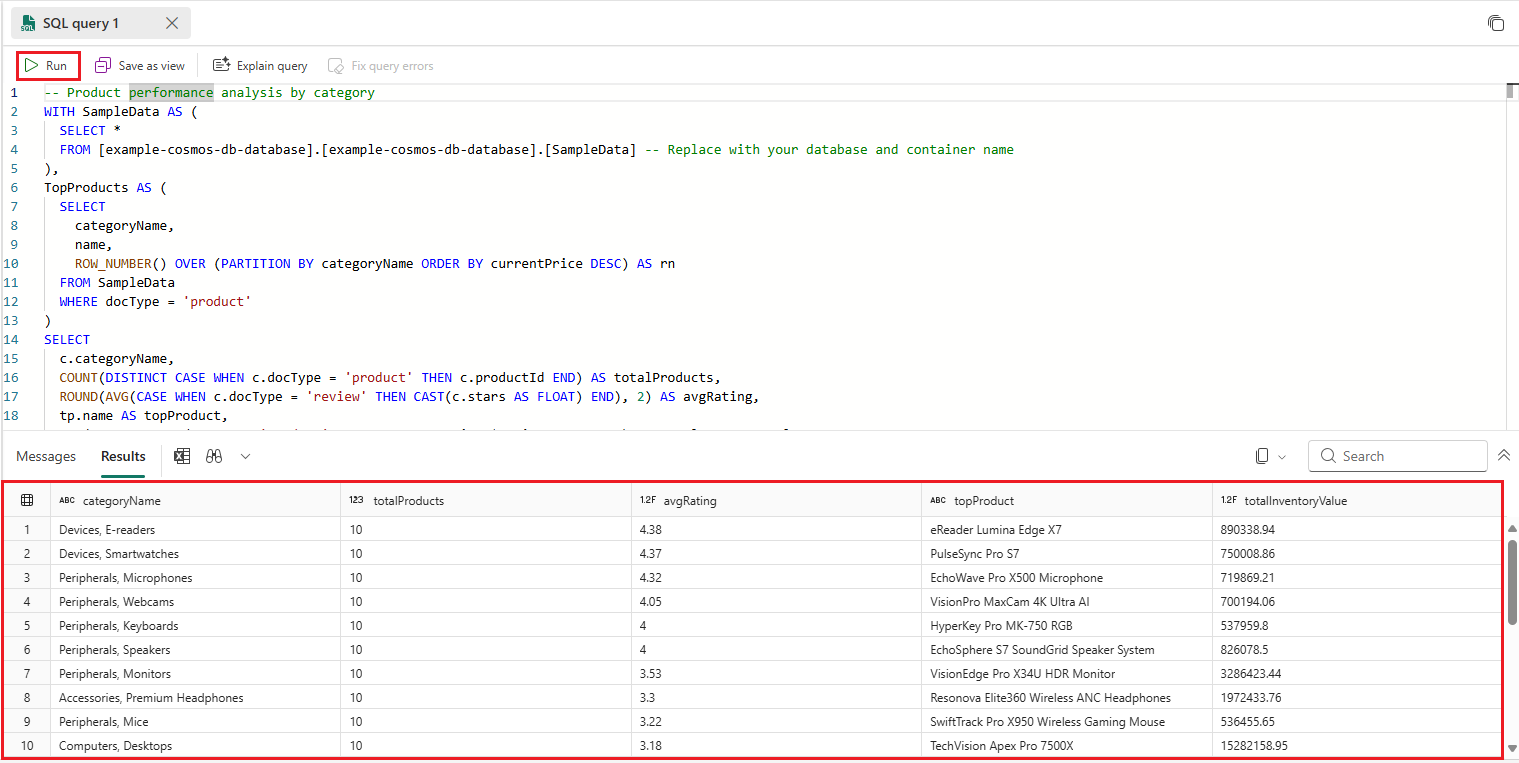Zrzut ekranu przedstawiający zaawansowane zapytanie języka Transact SQL (T-SQL) przy użyciu edytora zapytań w punkcie końcowym analizy SQL dla zaawansowanego scenariusza.