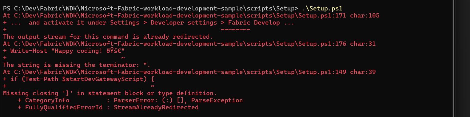 Zrzut ekranu przedstawiający błąd konfiguracji programu PowerShell.
