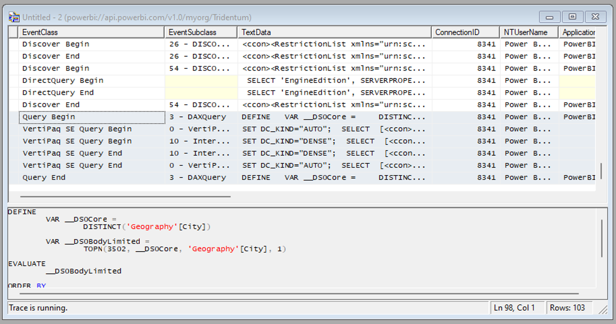 Zrzut ekranu przedstawiający zdarzenia przetwarzania zapytań w programie SQL Server Profiler.