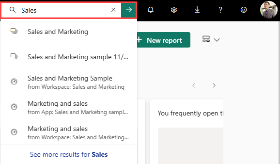 Zrzut ekranu przedstawiający pole wyszukiwania z terminem Sales w nim.