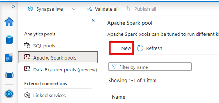 Screenshot showing where to select New in the Apache Spark pool screen.