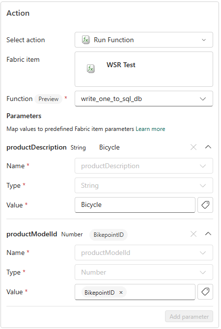 Zrzut ekranu przedstawiający okienko Dodawanie reguły z parametrami określonej funkcji.