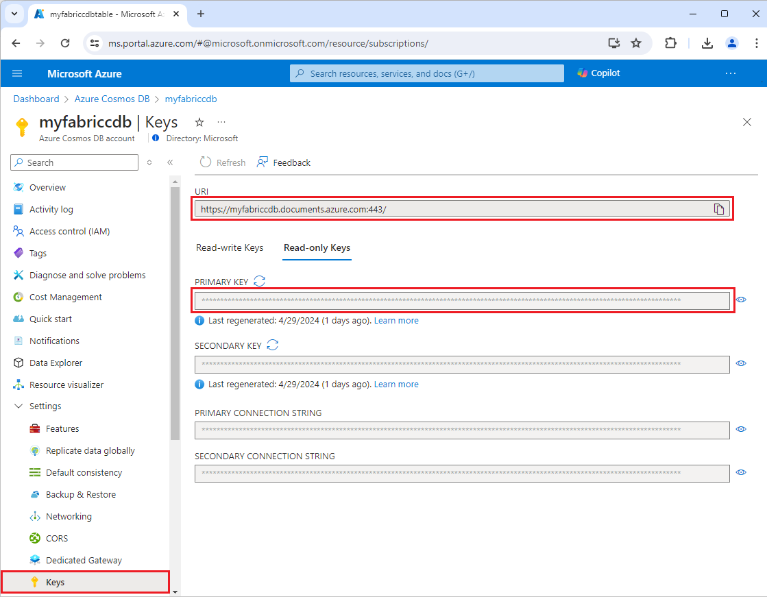 Zrzut ekranu przedstawiający identyfikator URI i klucz podstawowy na stronie Klucze usługi Azure Cosmos DB w witrynie Azure Portal.