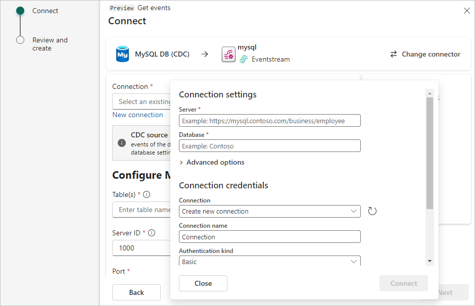 Zrzut ekranu przedstawiający ustawienia połączenia dla usługi Azure MySQL DB (CDC).