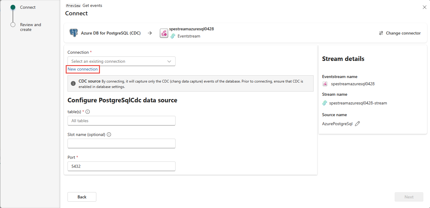 Zrzut ekranu przedstawiający stronę Łączenie bazy danych Azure PostgreSQL z wyróżnionym linkiem Nowe połączenie.