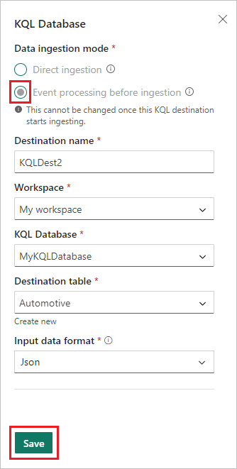 Zrzut ekranu przedstawiający ekran konfiguracji bazy danych KQL na potrzeby przetwarzania zdarzeń przed pozyskaniem.