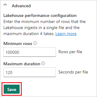 Zrzut ekranu przedstawiający sekcję Zaawansowane na ekranie konfiguracji usługi Lakehouse.