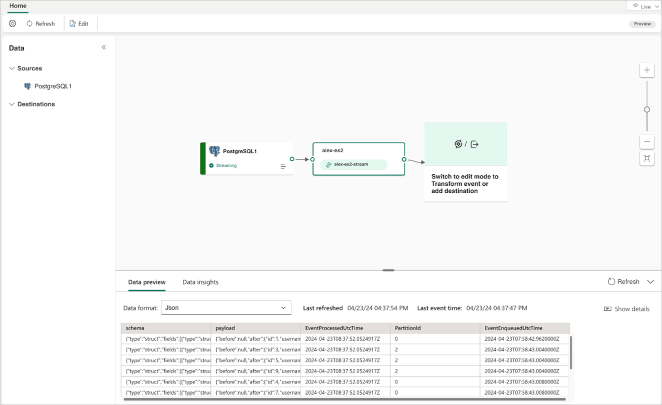 Zrzut ekranu przedstawiający przesyłanie strumieniowe źródła CDC bazy danych PostgreSQL w widoku na żywo.