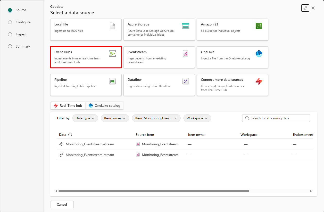 Zrzut ekranu przedstawiający kafelki pobierania danych z wyróżnioną opcją Event Hubs.