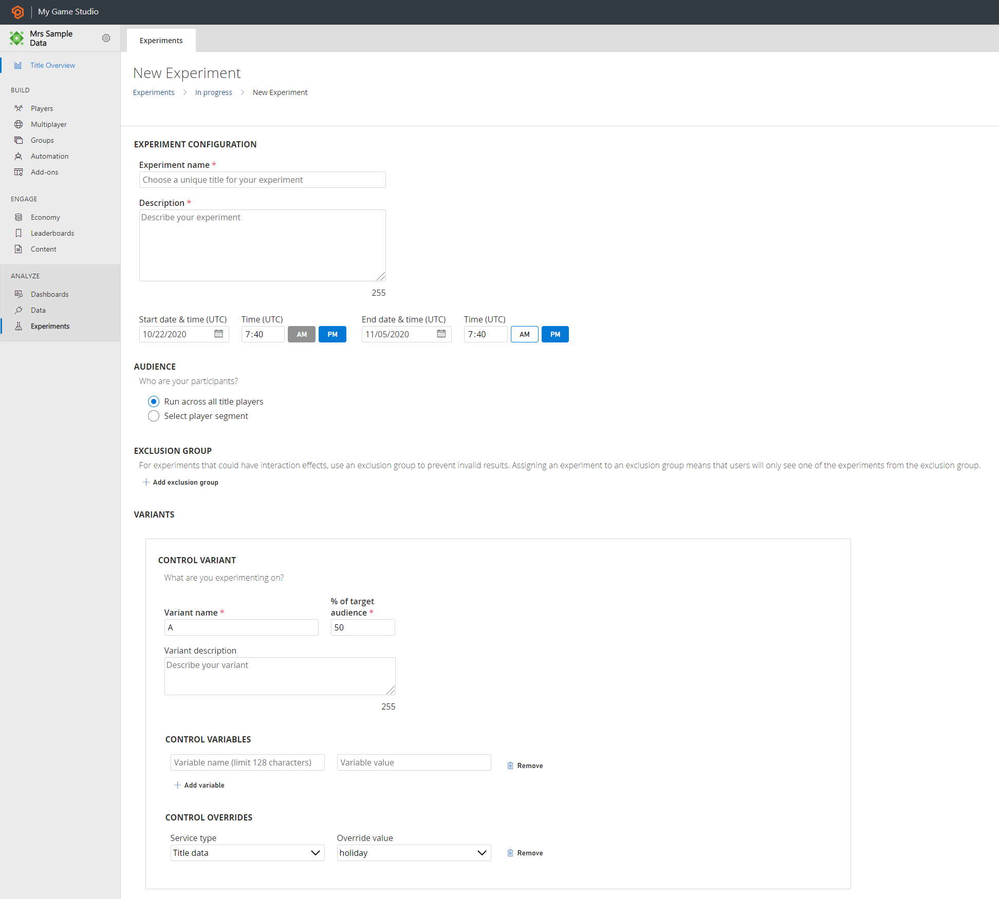 Create an Experiment Screenshot of Create an Experiment