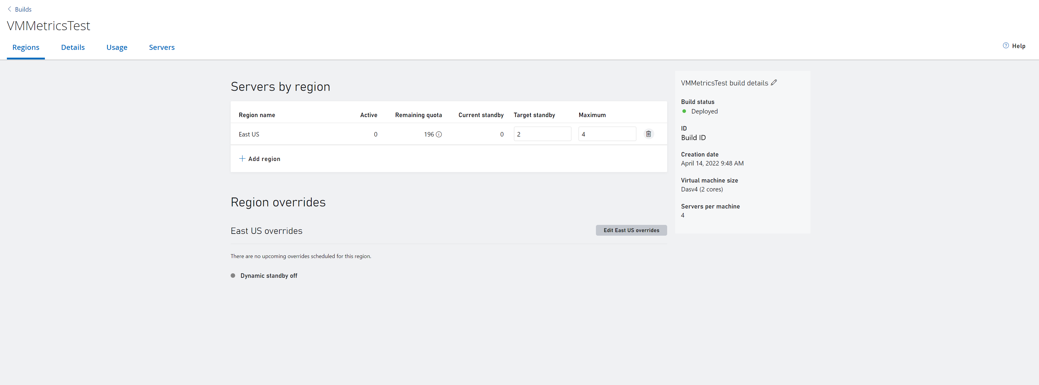 Basic build information along with region configuration for servers