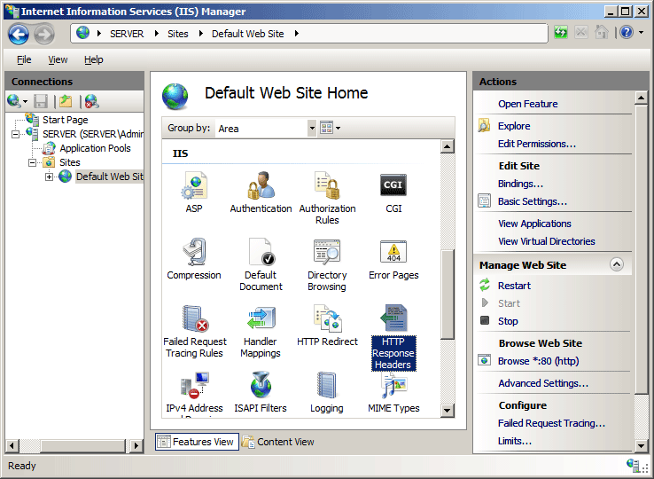 Screenshot of the Default Web Site Home page. The H T T P Response Headers icon is highlighted.
