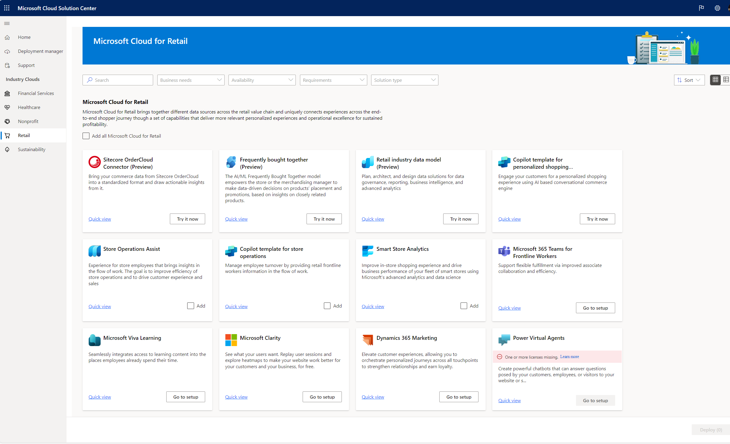 Zrzut ekranu Centrum rozwiązań Microsoft Cloud, pokazujący możliwości w Microsoft Cloud for Retail.