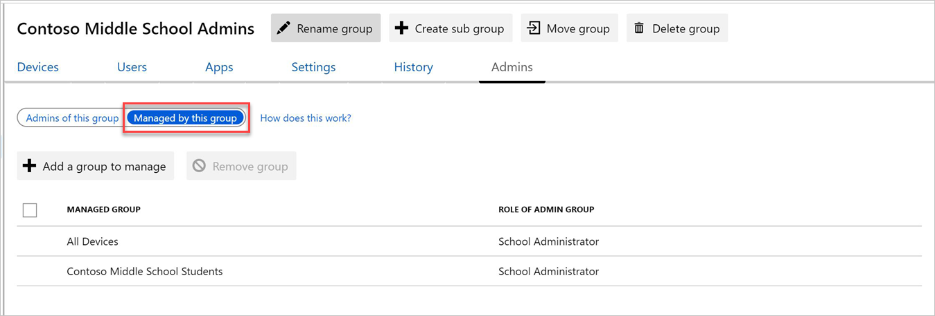 Zrzut ekranu przedstawiający stronę Grupy na karcie Administrator z wyróżniony przyciskiem "Zarządzane przez tę grupę".