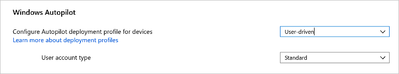 Zrzut ekranu przedstawiający grupę wszystkie urządzenia, ustawienia autopilotażu systemu Windows, z wybranym trybem użytkownika i kontem użytkownika standardowego.