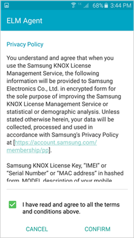Przykładowy obraz ekranu zasad ochrony prywatności systemu Samsung Knox, który jest wyświetlany podczas rejestracji.