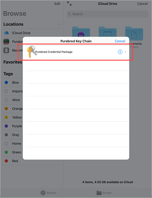 Przykładowy zrzut ekranu przedstawiający ekran systemu iOS z opcją purebred credential package z możliwością wyboru.