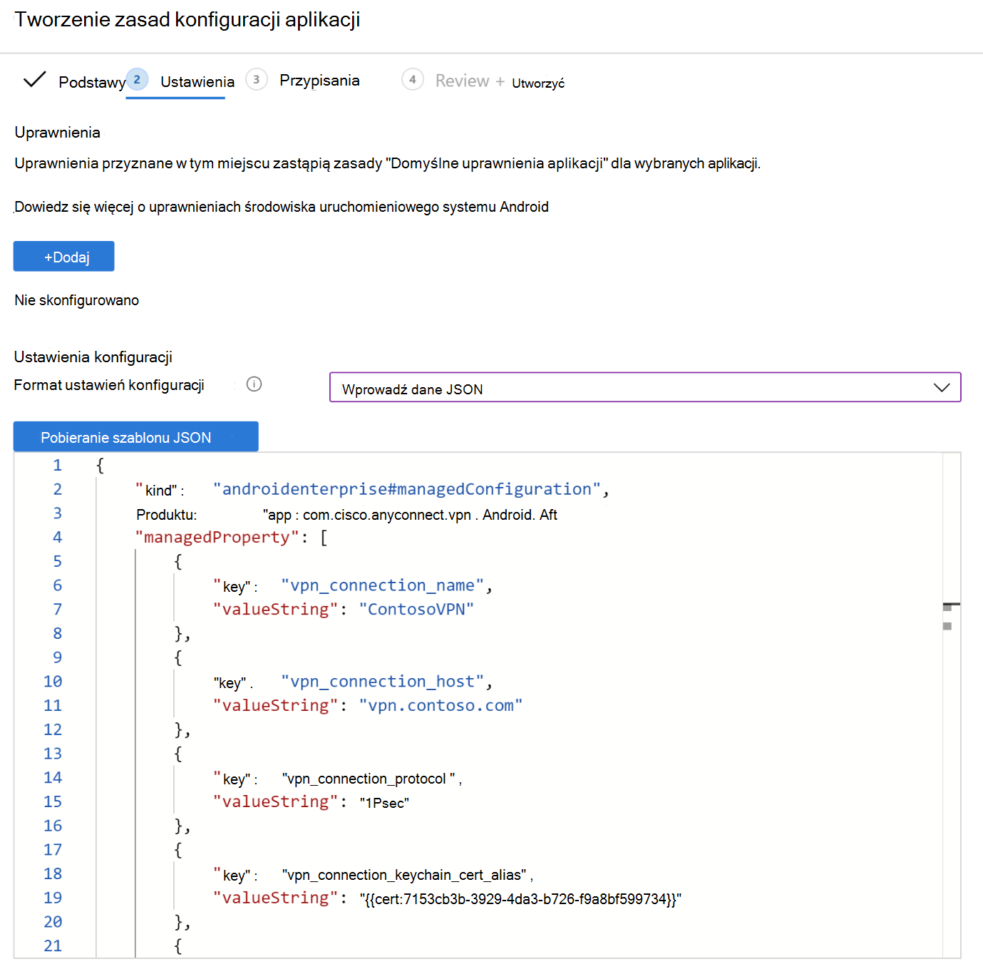 Przykład użycia przepływu JSON — edytowanie kodu JSON.