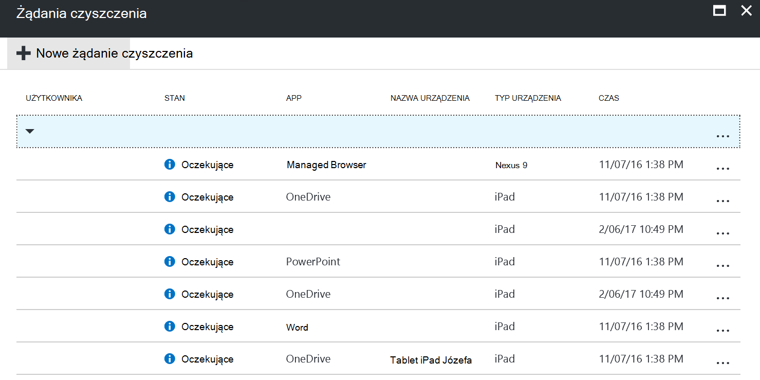 Zrzut ekranu przedstawiający stan żądania czyszczenia w okienku Selektywne czyszczenie aplikacji.