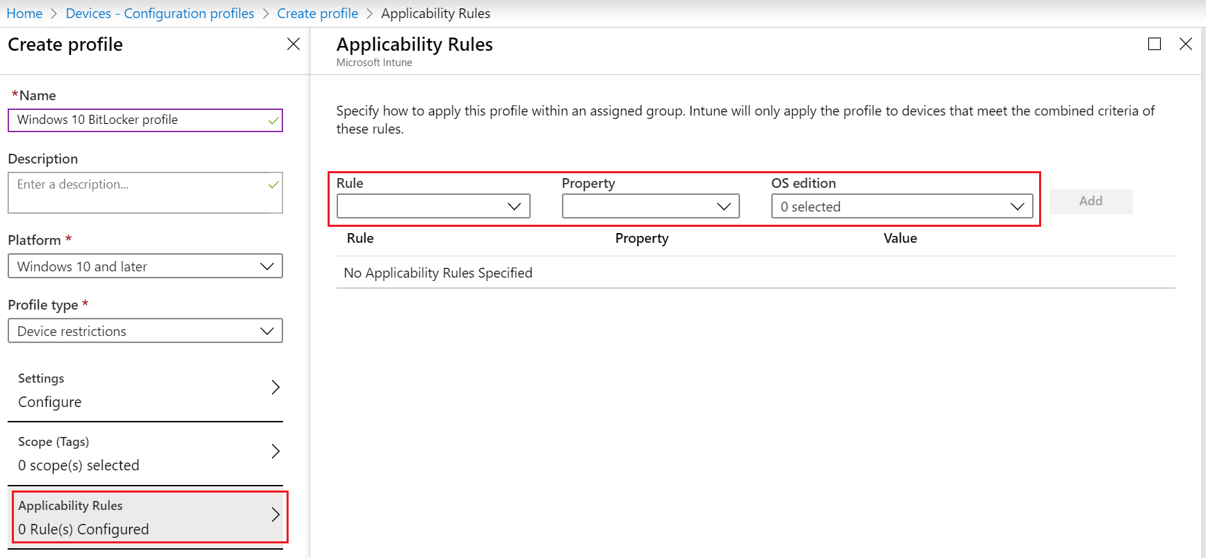 Zrzut ekranu przedstawiający sposób dodawania reguły stosowania do profilu konfiguracji urządzenia Windows 10 w Microsoft Intune.